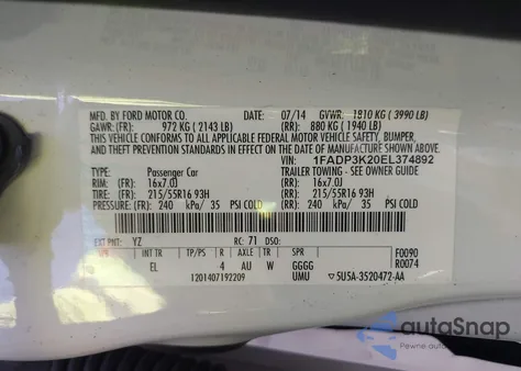 2014 Ford Focus Se из США, поврежденный, VIN 1FADP3K20EL374892